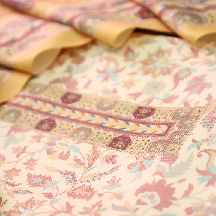 अन्नपूर्णा Shell White with Butter Yellow All Over Floral Print Semi Pashmina Winter Suit Set