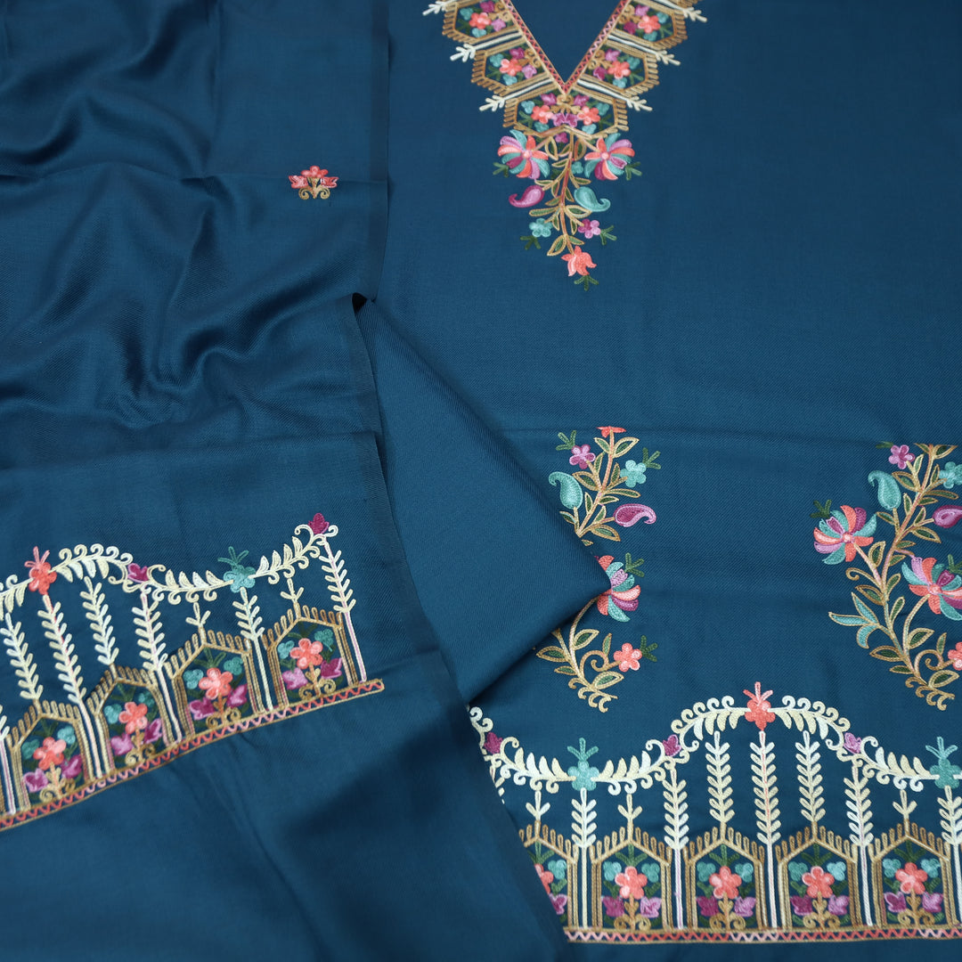 Aastha Navy Blue Elegant Kashida Embroidery Semi Pashmina Winter Set
