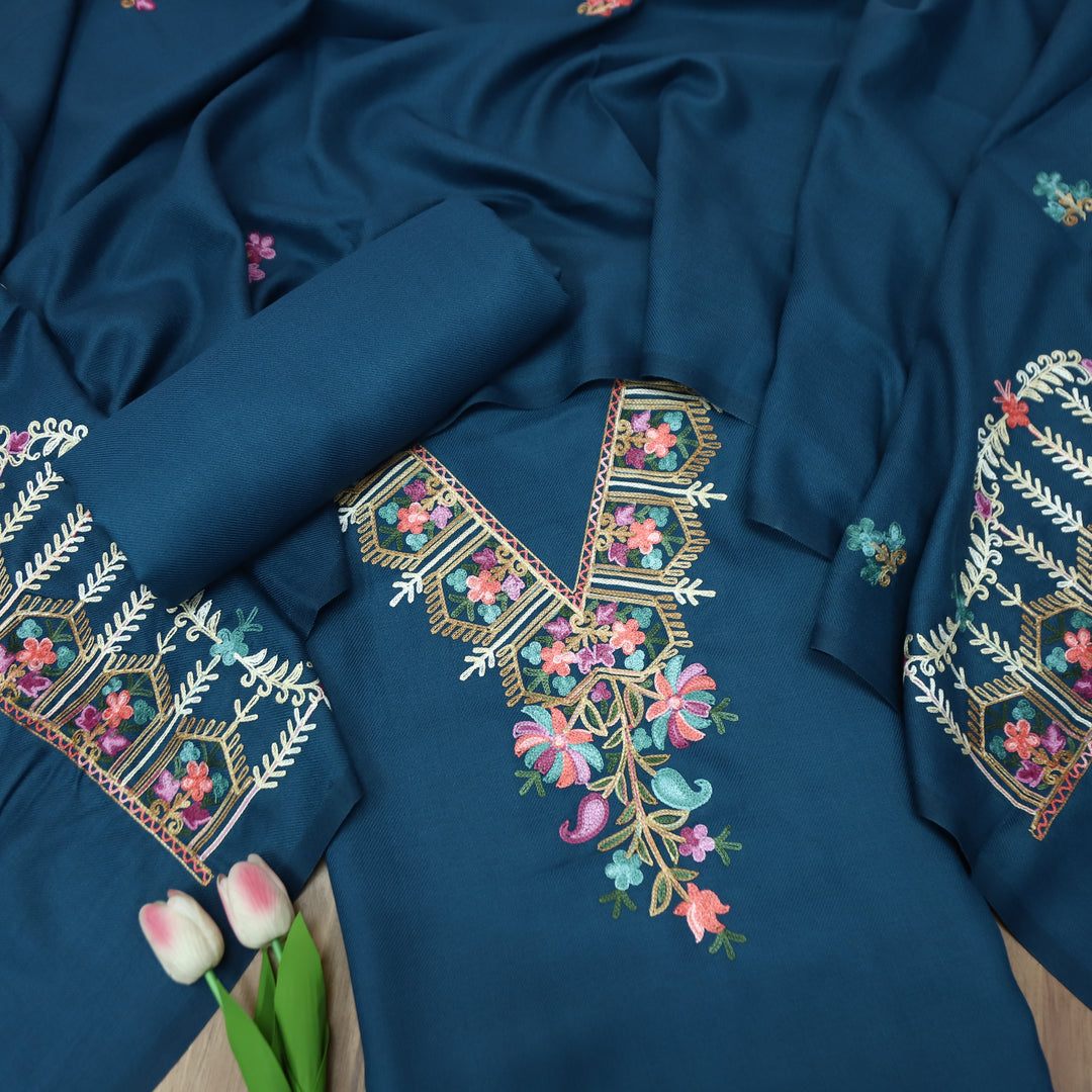 Aastha Navy Blue Elegant Kashida Embroidery Semi Pashmina Winter Set