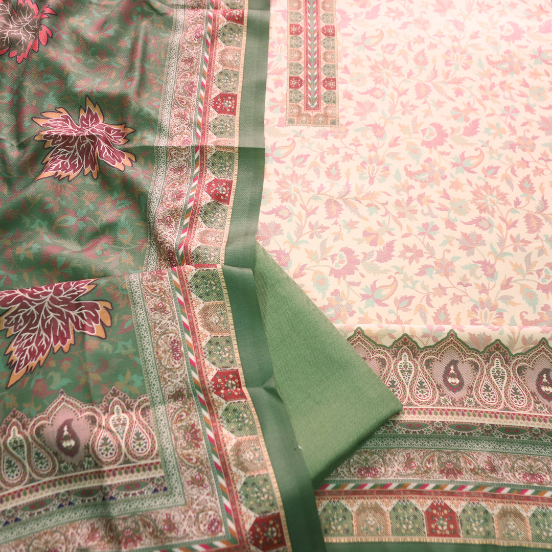 अन्नपूर्णा Shell White with Green All Over Floral Print Semi Pashmina Winter Suit Set