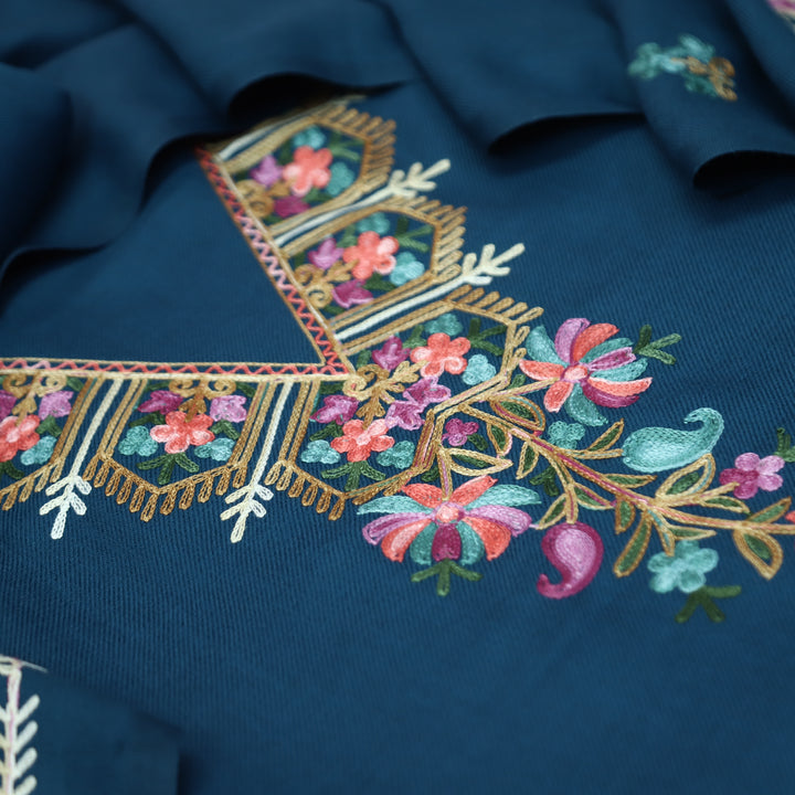 Aastha Navy Blue Elegant Kashida Embroidery Semi Pashmina Winter Set