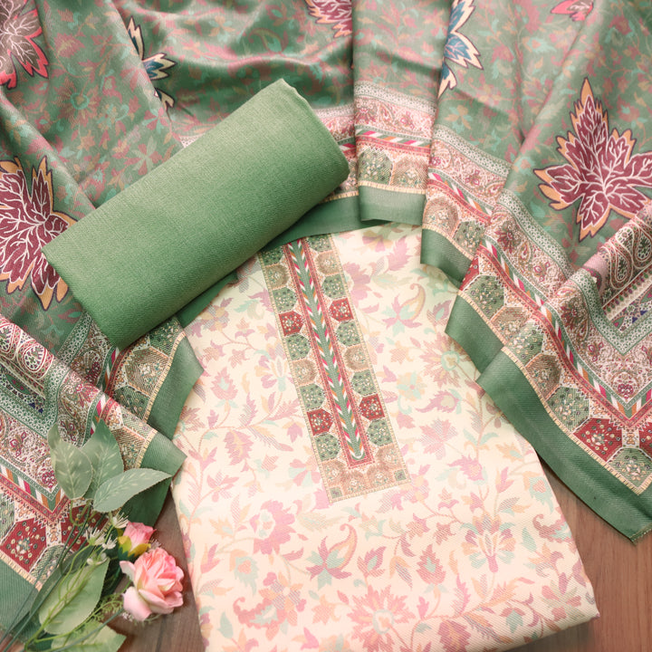 अन्नपूर्णा Shell White with Green All Over Floral Print Semi Pashmina Winter Suit Set