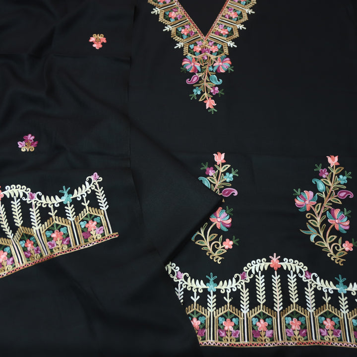 Aastha Ebony Black Elegant Kashida Embroidery Semi Pashmina Winter Set