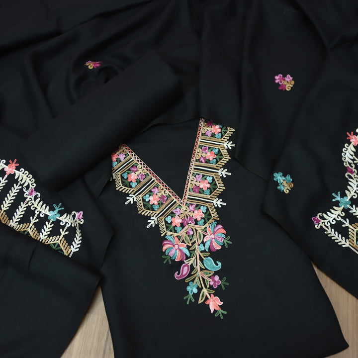 Aastha Ebony Black Elegant Kashida Embroidery Semi Pashmina Winter Set