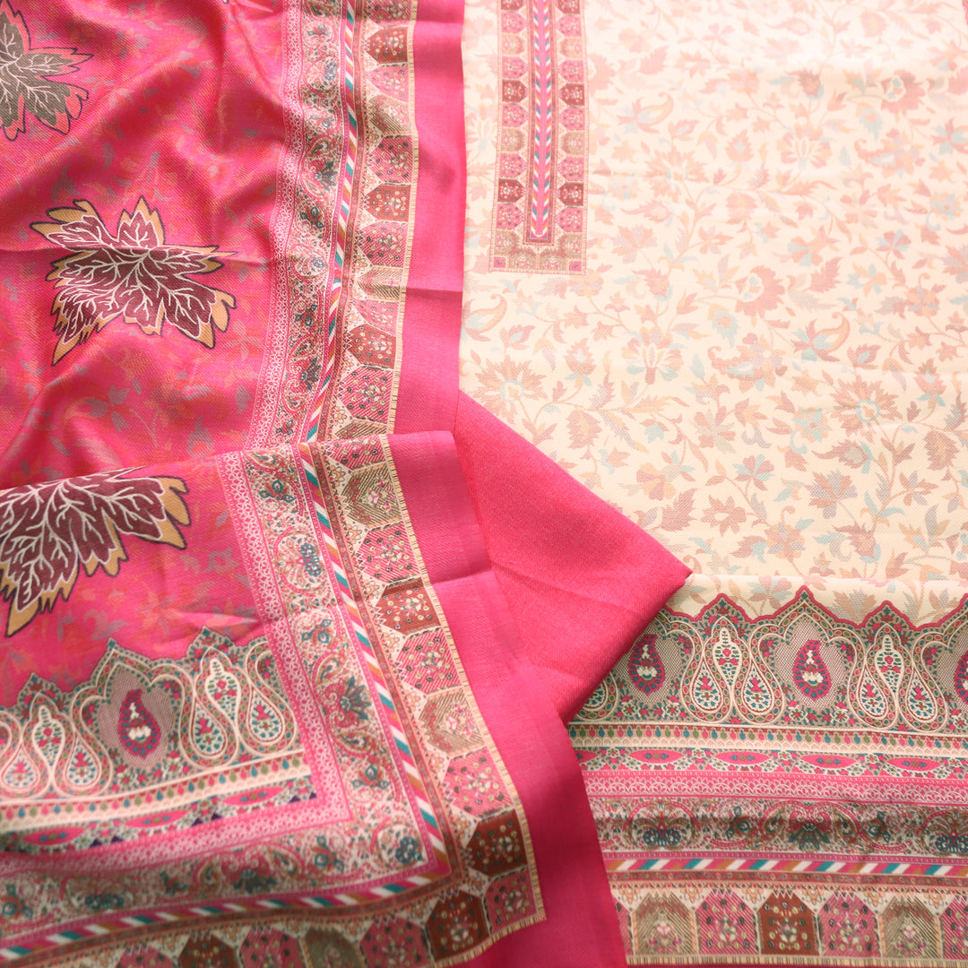 अन्नपूर्णा Shell White with Punch Pink All Over Floral Print Semi Pashmina Winter Suit Set