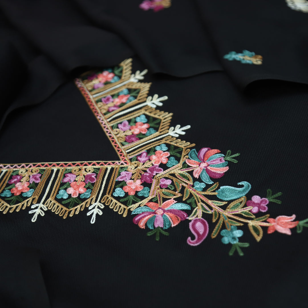 Aastha Ebony Black Elegant Kashida Embroidery Semi Pashmina Winter Set