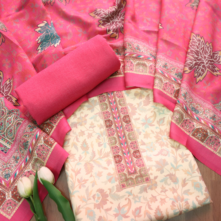 अन्नपूर्णा Shell White with Punch Pink All Over Floral Print Semi Pashmina Winter Suit Set