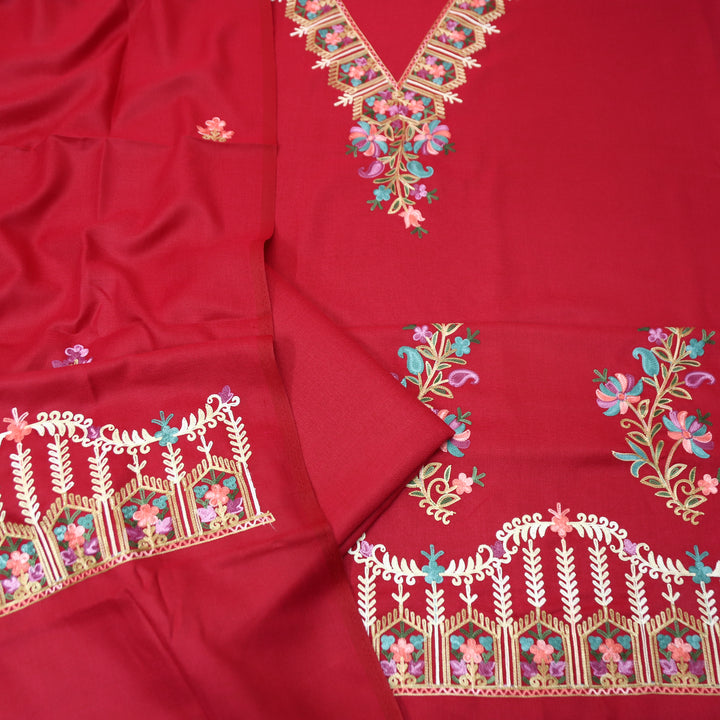 Aastha Cranberry Red Elegant Kashida Embroidery Semi Pashmina Winter Set