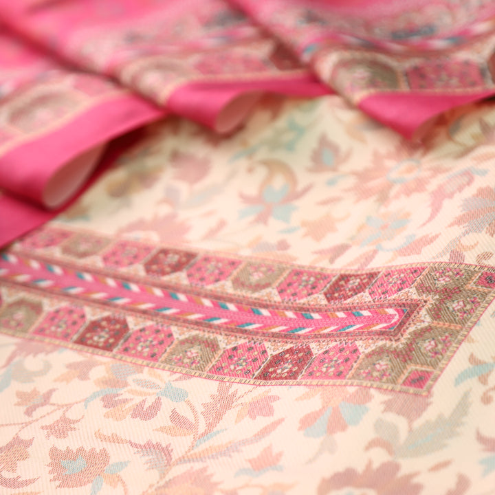 अन्नपूर्णा Shell White with Punch Pink All Over Floral Print Semi Pashmina Winter Suit Set