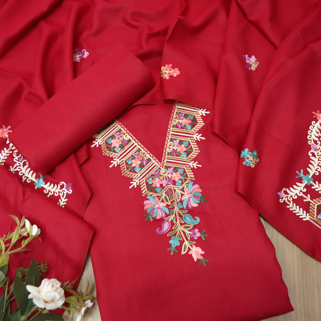 Aastha Cranberry Red Elegant Kashida Embroidery Semi Pashmina Winter Set
