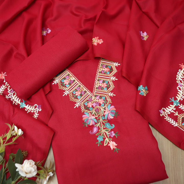 Aastha Cranberry Red Elegant Kashida Embroidery Semi Pashmina Winter Set