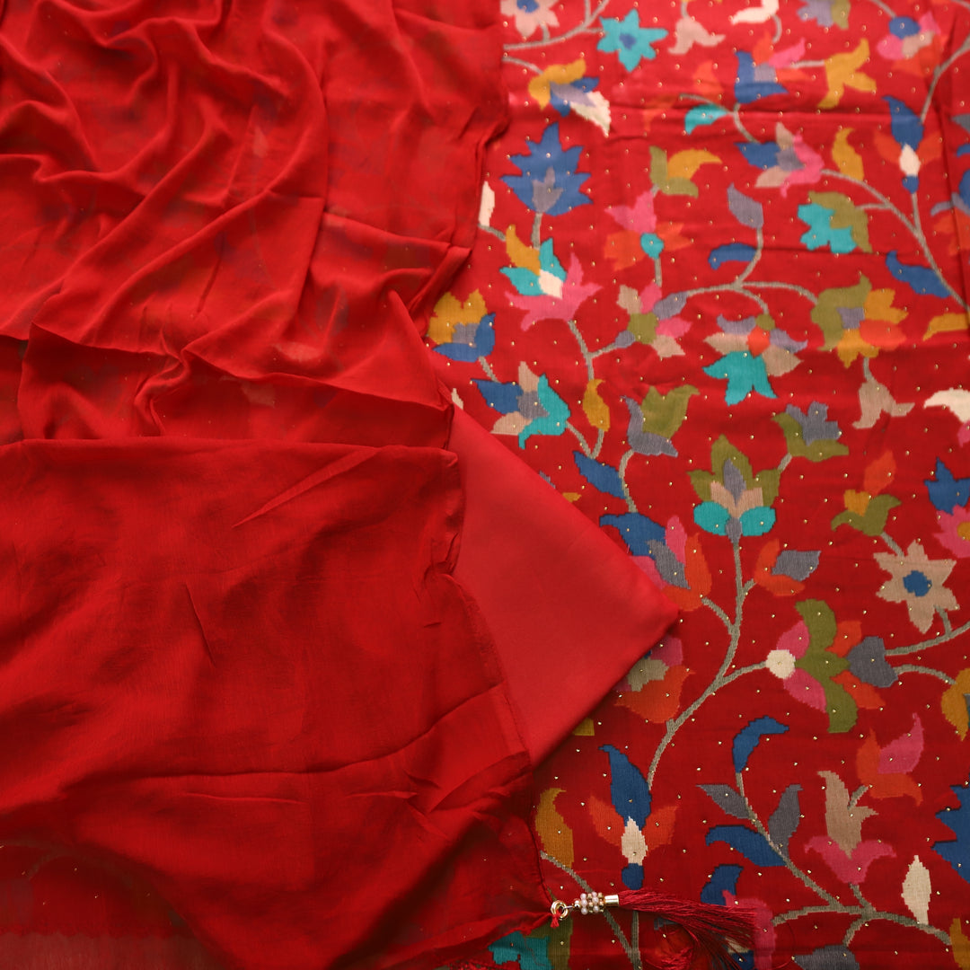 Deewani Burnt Red Digital Floral Printed with Swarovski Work Cotton Rayon Set