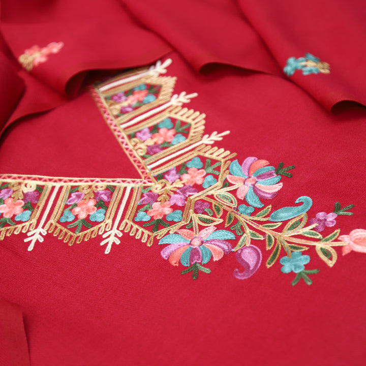 Aastha Cranberry Red Elegant Kashida Embroidery Semi Pashmina Winter Set