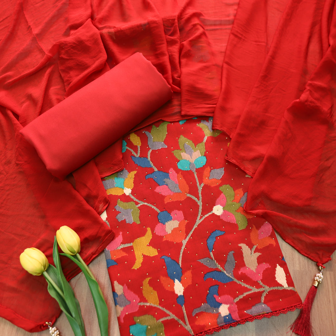 Deewani Burnt Red Digital Floral Printed with Swarovski Work Cotton Rayon Set