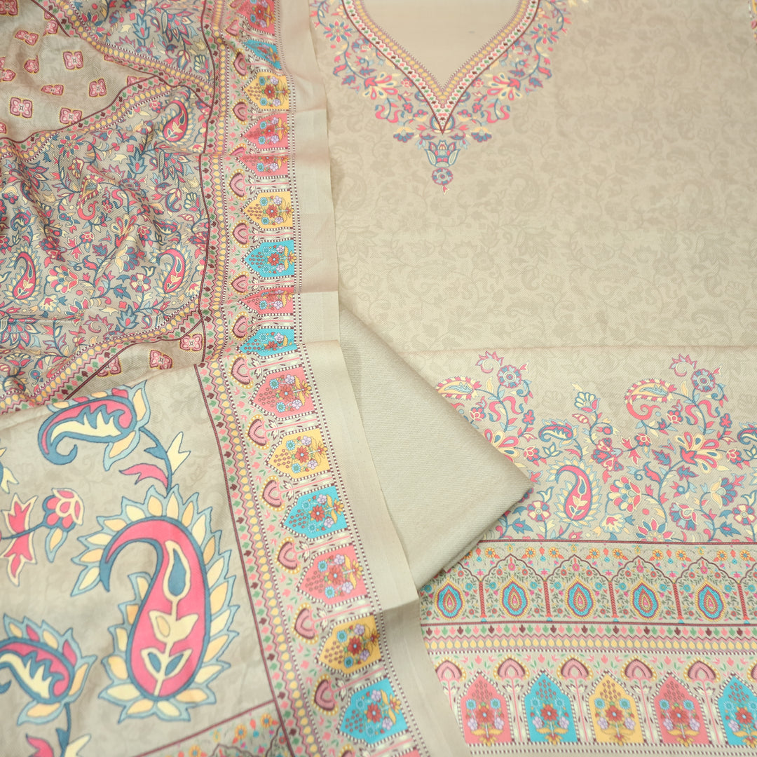 Shrivalli Champagne Beige Digital Kashmiri Printed Semi Pashmina Winter Set