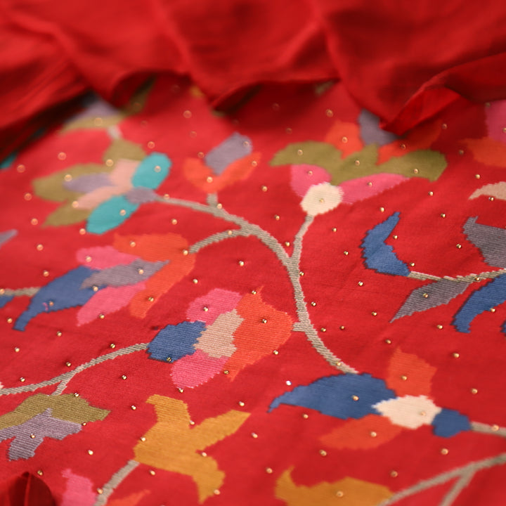 Deewani Burnt Red Digital Floral Printed with Swarovski Work Cotton Rayon Set