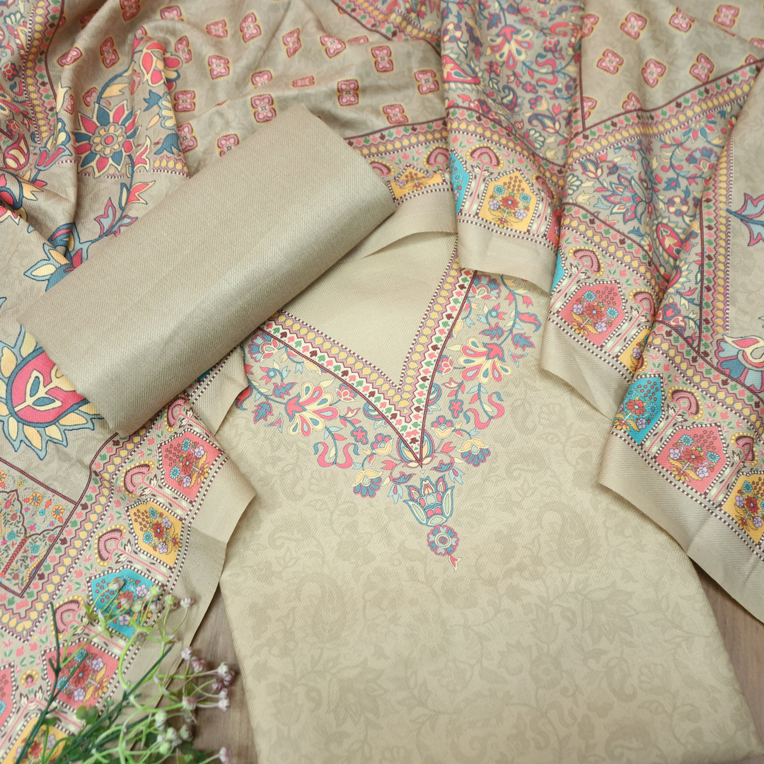 Shrivalli Champagne Beige Digital Kashmiri Printed Semi Pashmina Winter Set