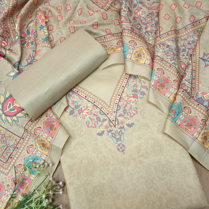 Shrivalli Champagne Beige Digital Kashmiri Printed Semi Pashmina Winter Set