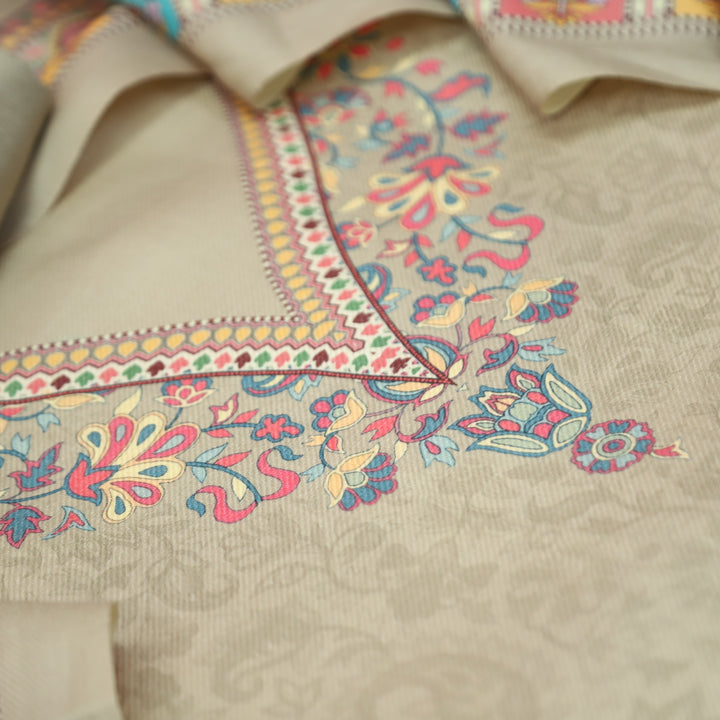 Shrivalli Champagne Beige Digital Kashmiri Printed Semi Pashmina Winter Set