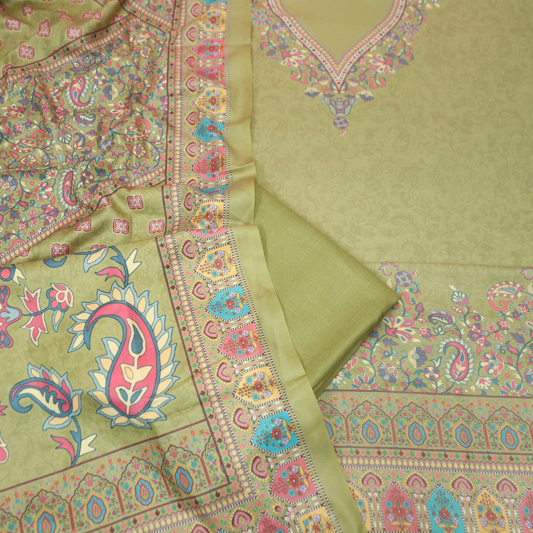Shrivalli Leaf Green Digital Kashmiri Printed Semi Pashmina Winter Set