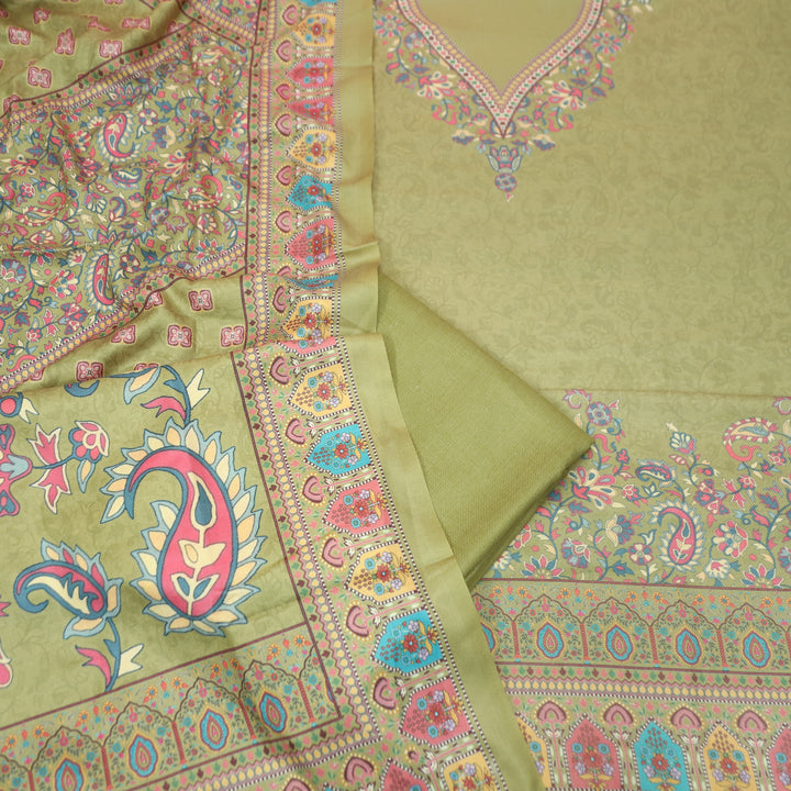 Shrivalli Leaf Green Digital Kashmiri Printed Semi Pashmina Winter Set