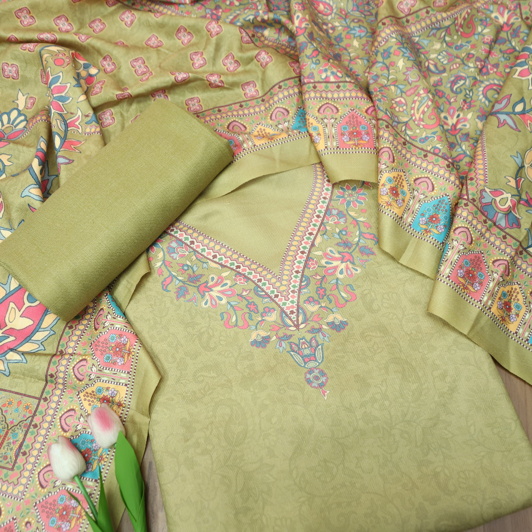 Shrivalli Leaf Green Digital Kashmiri Printed Semi Pashmina Winter Set