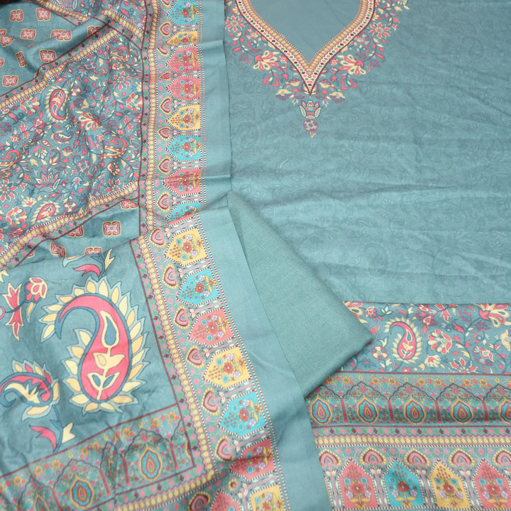 Shrivalli Aqua Blue Digital Kashmiri Printed Semi Pashmina Winter Set