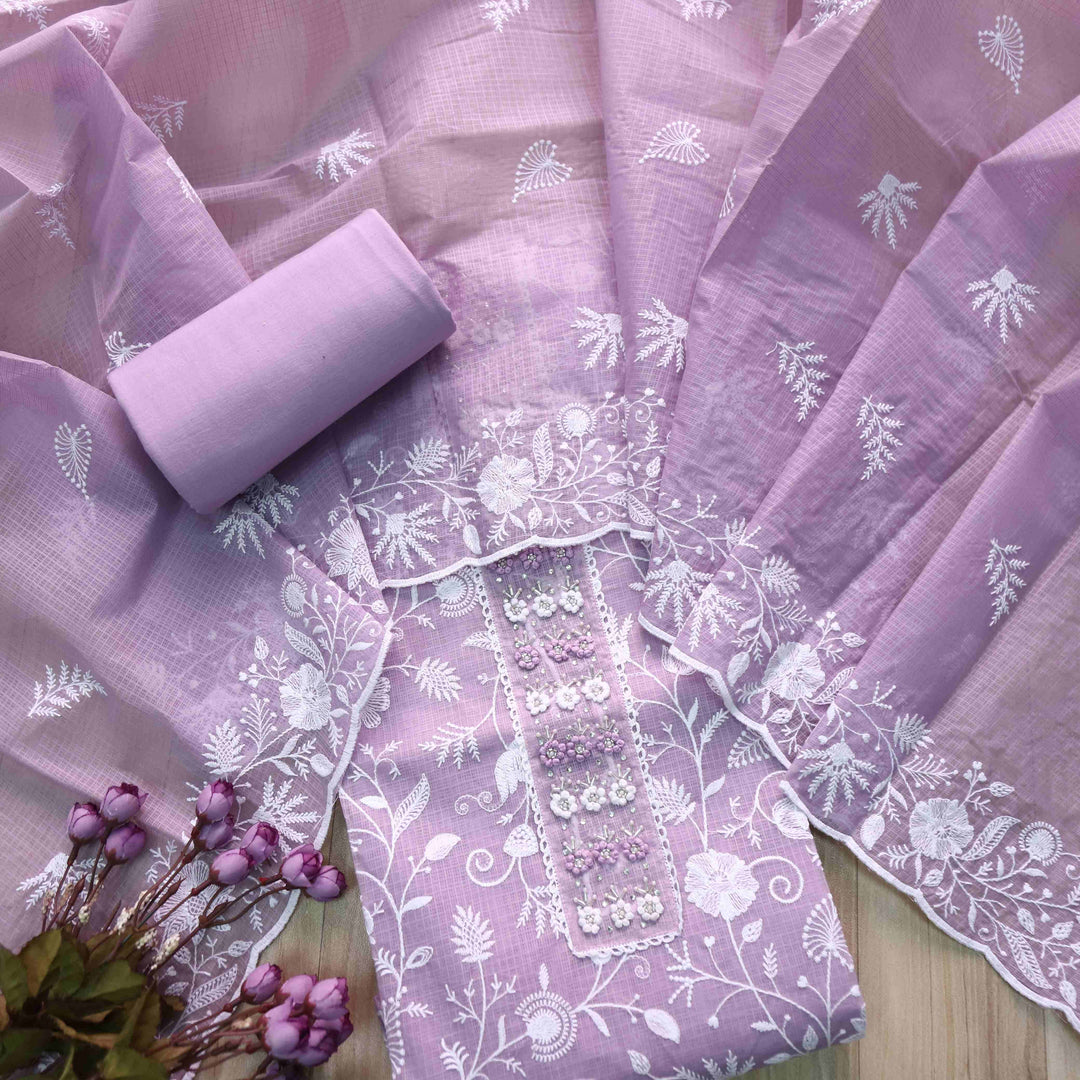 Zeenat Lilac Mauve Purple Neck Patch All Over Thread Work Kota Doriya Suit Set
