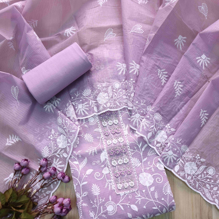 Zeenat Lilac Mauve Purple Neck Patch All Over Thread Work Kota Doriya Suit Set