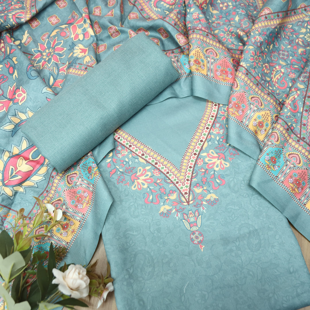 Shrivalli Aqua Blue Digital Kashmiri Printed Semi Pashmina Winter Set
