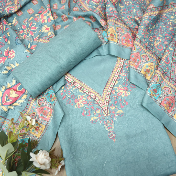 Shrivalli Aqua Blue Digital Kashmiri Printed Semi Pashmina Winter Set
