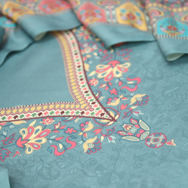 Shrivalli Aqua Blue Digital Kashmiri Printed Semi Pashmina Winter Set