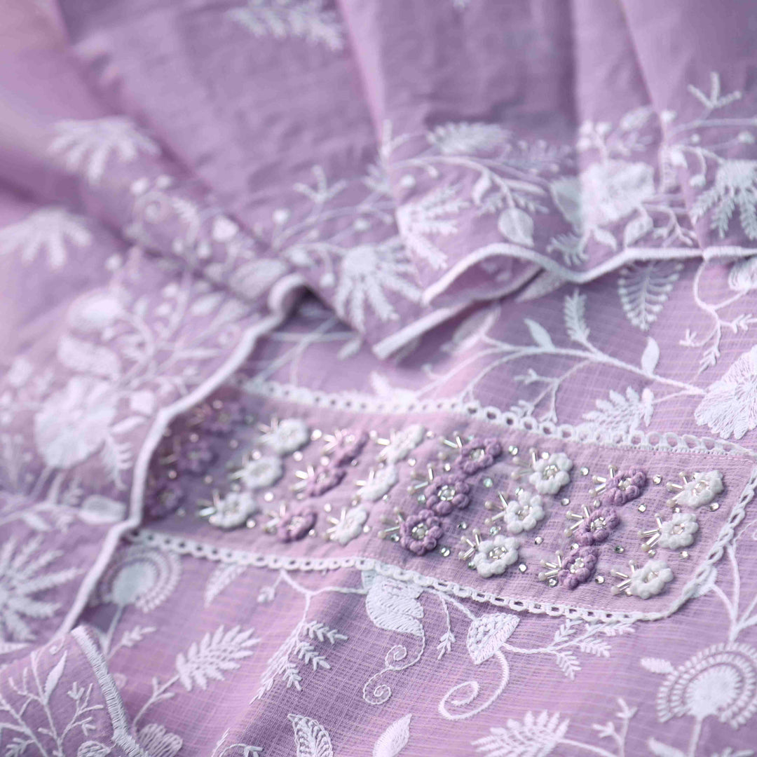 Zeenat Lilac Mauve Purple Neck Patch All Over Thread Work Kota Doriya Suit Set