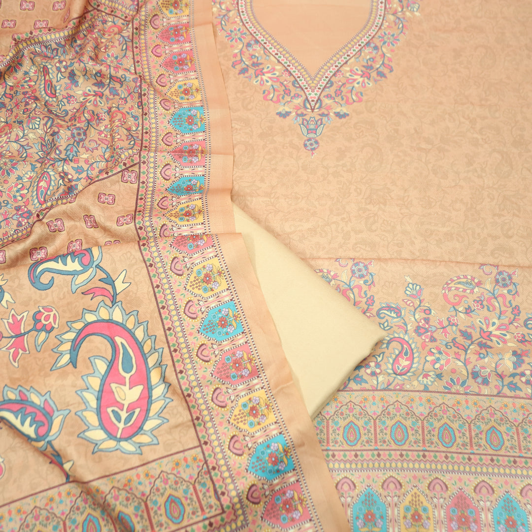 Shrivalli Peel Peach Digital Kashmiri Printed Semi Pashmina Winter Set