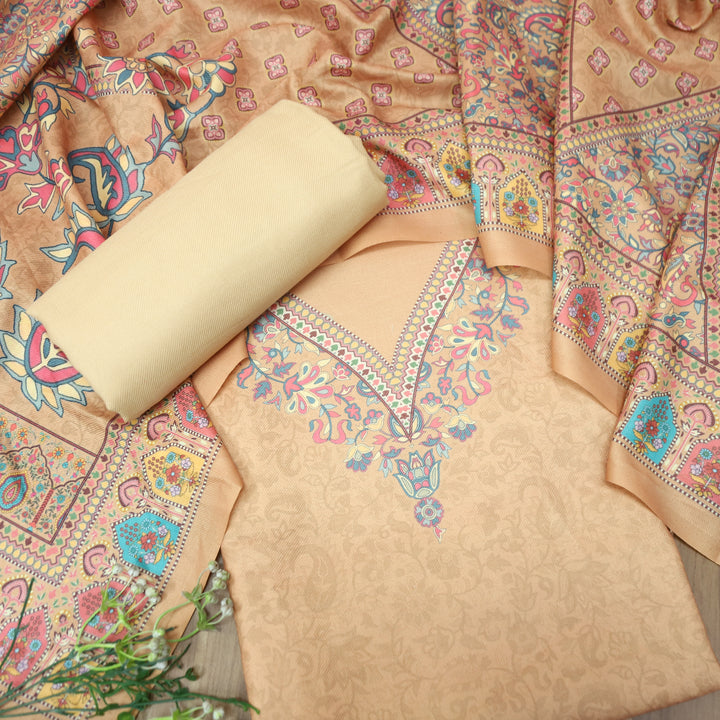 Shrivalli Peel Peach Digital Kashmiri Printed Semi Pashmina Winter Set