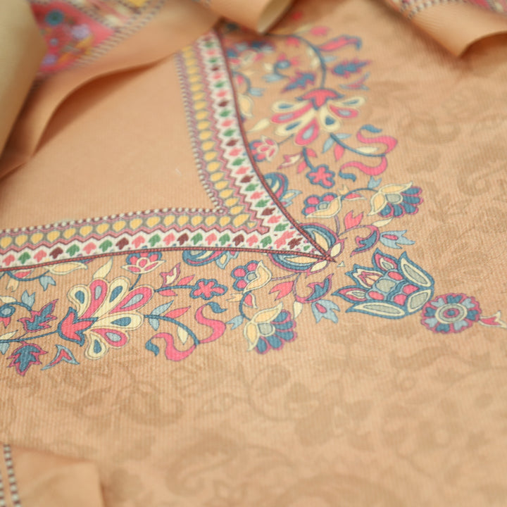 Shrivalli Peel Peach Digital Kashmiri Printed Semi Pashmina Winter Set