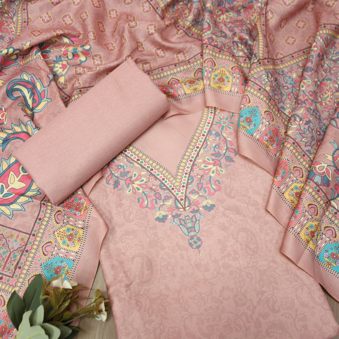 Shrivalli Crimson Pink Digital Kashmiri Printed Semi Pashmina Winter Set