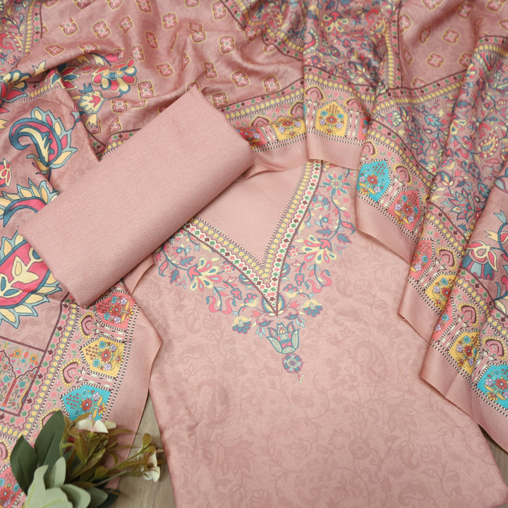 Shrivalli Crimson Pink Digital Kashmiri Printed Semi Pashmina Winter Set