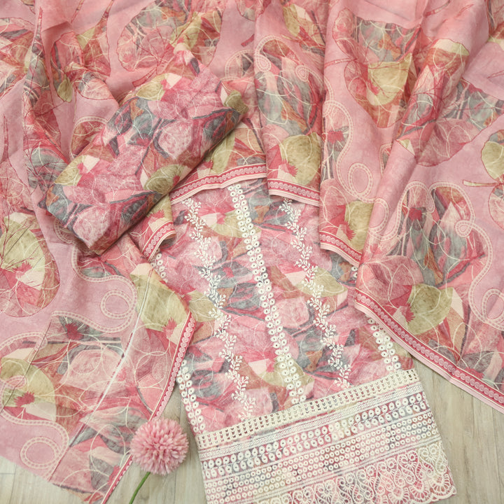 Shokhiyan Flamingo Pink Thread Weaved Printed Semi Pashmina Set