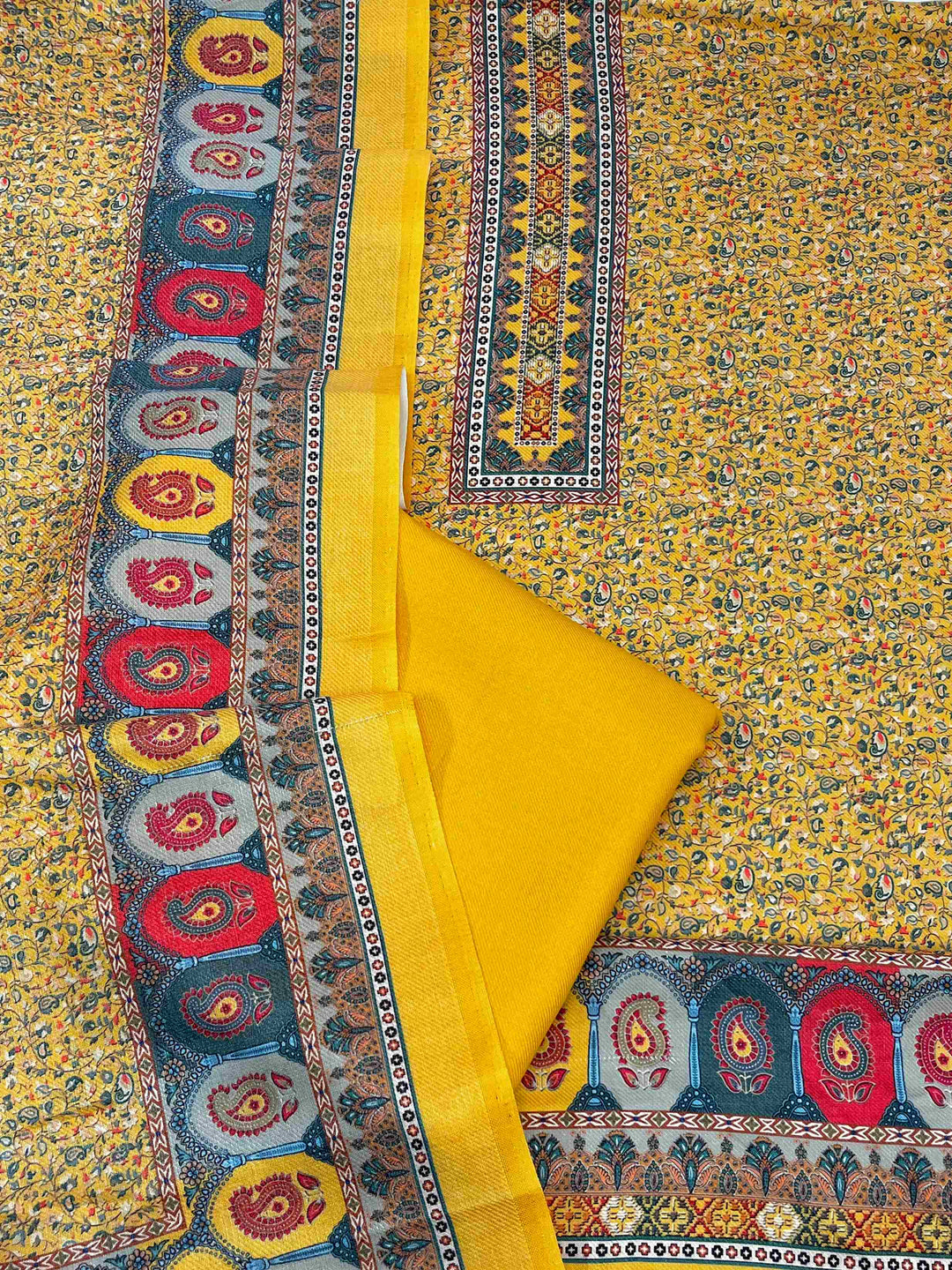Tawana Honey Yellow Floral Kanni Printed Semi Pashmina Suit Set D2