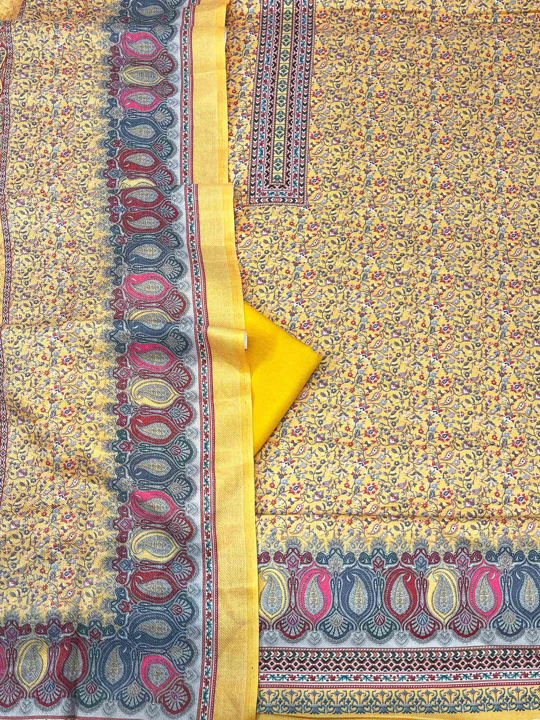Tawana Dijon Yellow Floral Kanni Printed Semi Pashmina Suit Set D-5