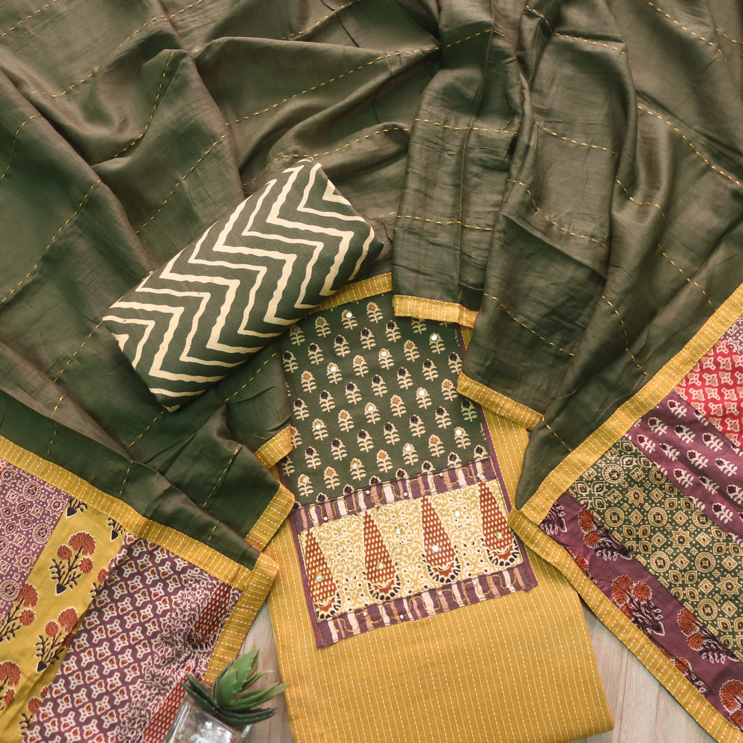 Barista Corn Yellow Patch Neck Work with Kantha Cotton Suit Set