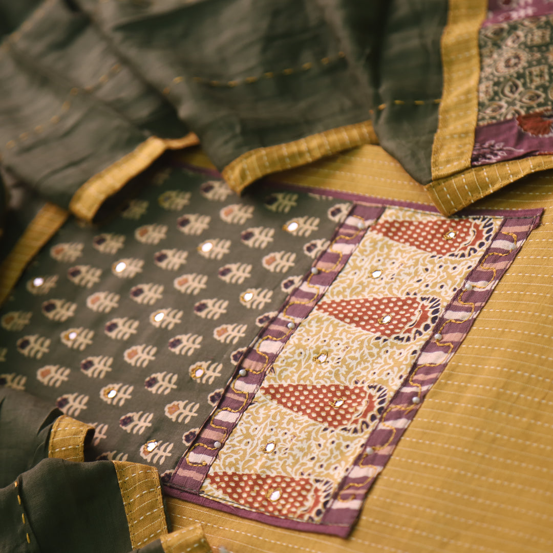 Barista Corn Yellow Patch Neck Work with Kantha Cotton Suit Set
