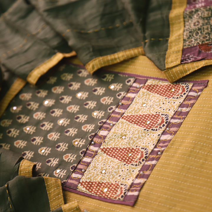 Barista Corn Yellow Patch Neck Work with Kantha Cotton Suit Set