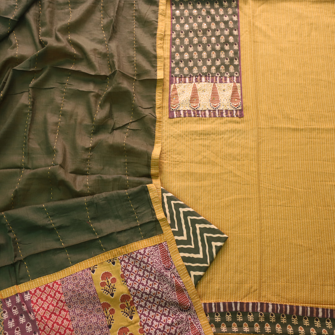 Barista Corn Yellow Patch Neck Work with Kantha Cotton Suit Set