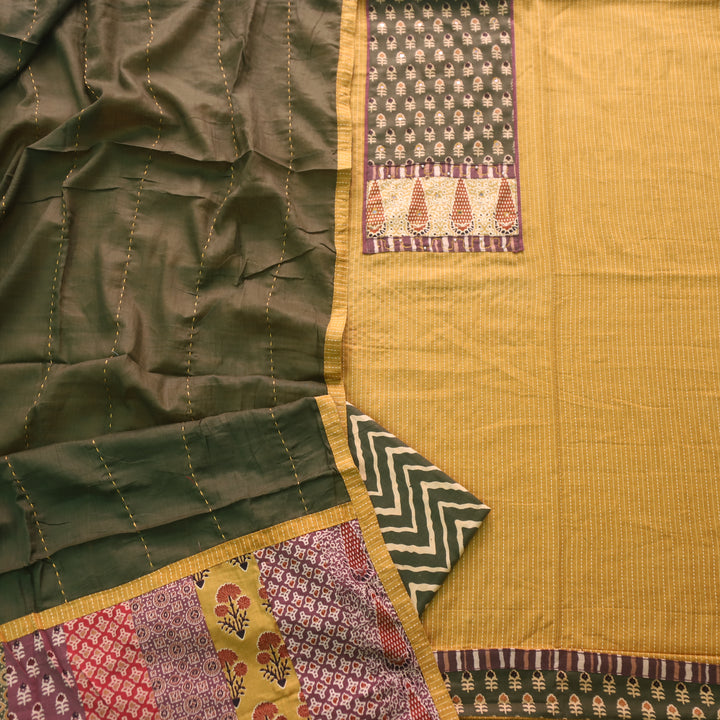 Barista Corn Yellow Patch Neck Work with Kantha Cotton Suit Set