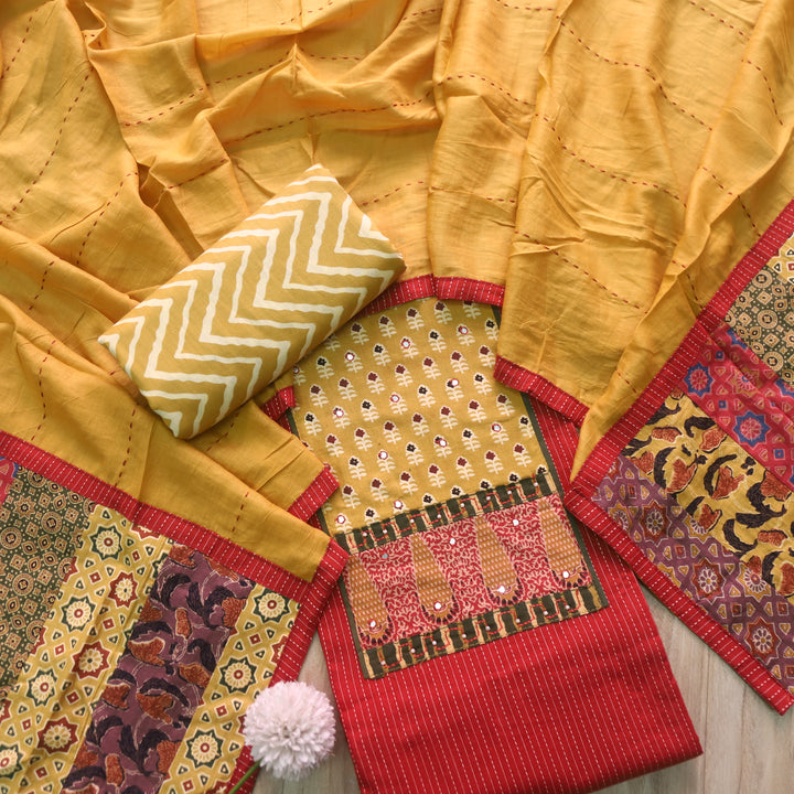 Barista Bride Red Patch Neck Work with Kantha Cotton Suit Set