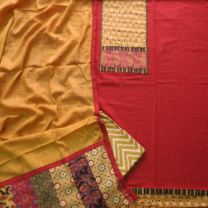 Barista Bride Red Patch Neck Work with Kantha Cotton Suit Set