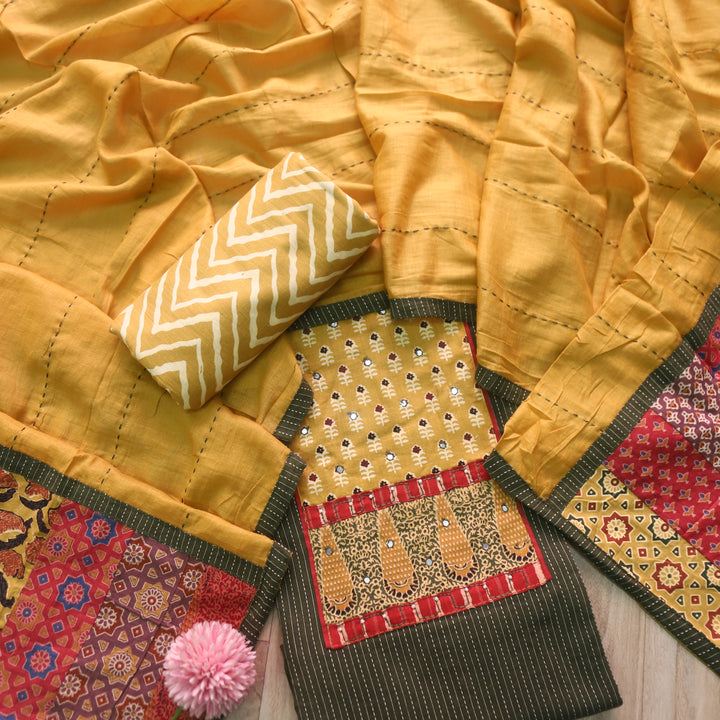 Barista Forest Green Patch Neck Work with Kantha Cotton Suit Set