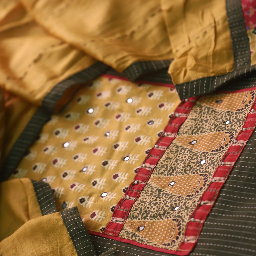 Barista Forest Green Patch Neck Work with Kantha Cotton Suit Set